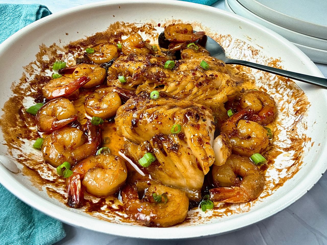Garlic Sesame Cod and Shrimp Garlic Sesame Cod and Shrimp in a white skillet