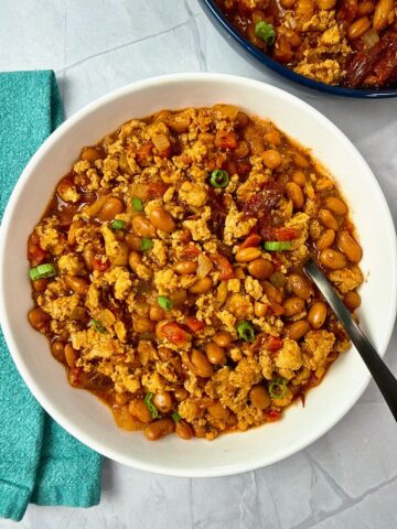 chicken chili in a white bowl
