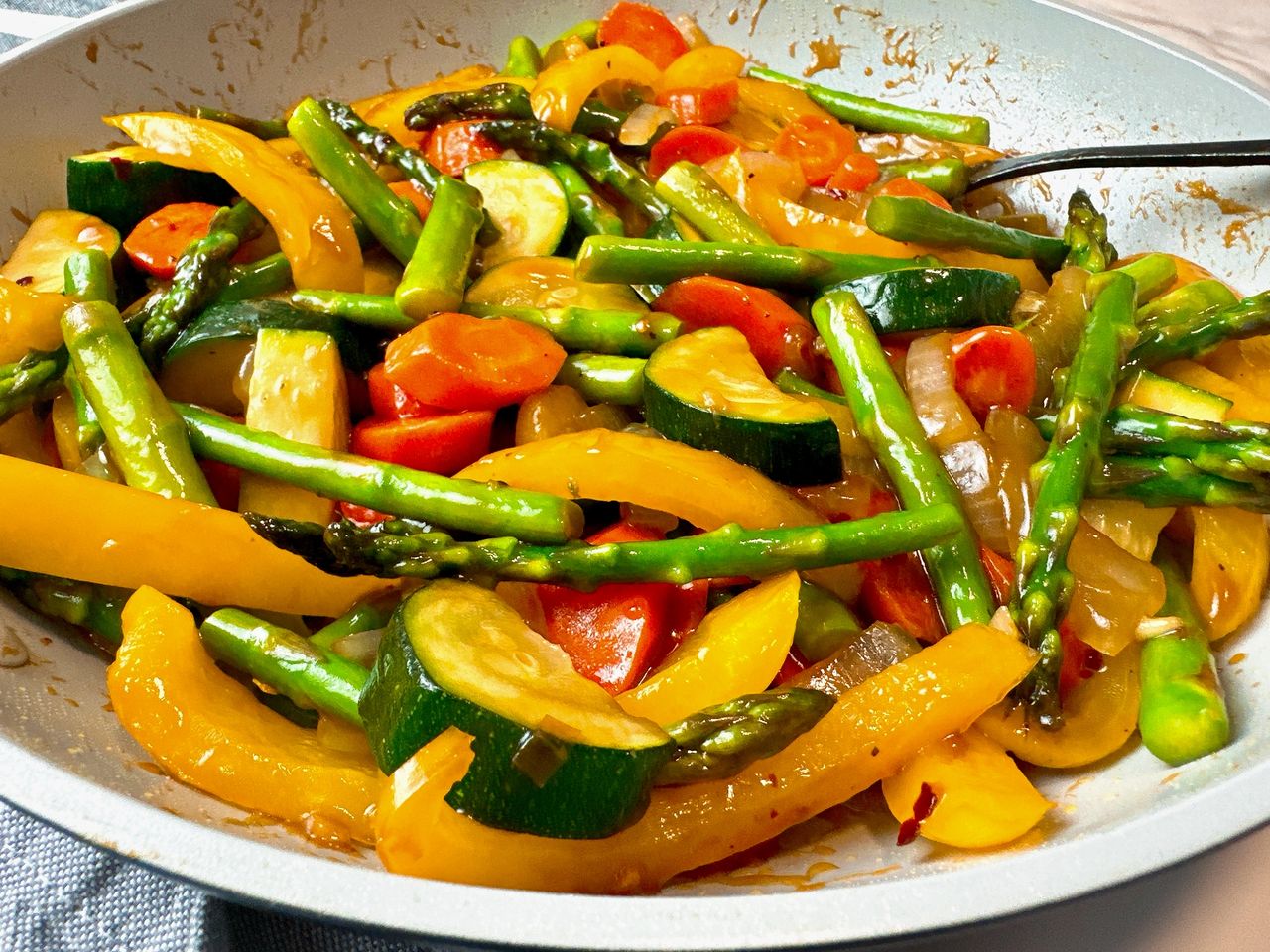 Spring Vegetable Stir Fry in a skillet