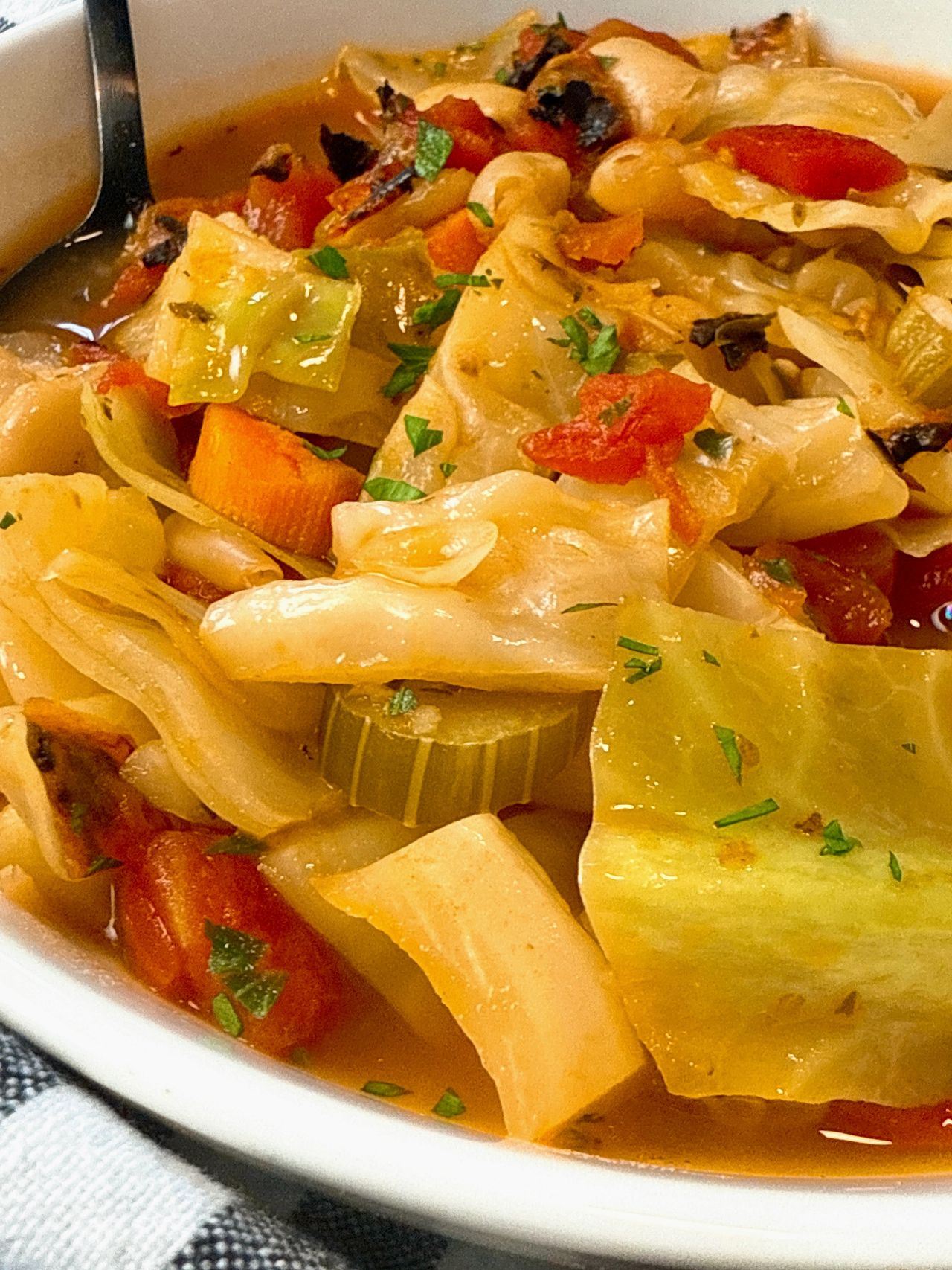 Cabbage Soup in a white bowl with a black spoon 
