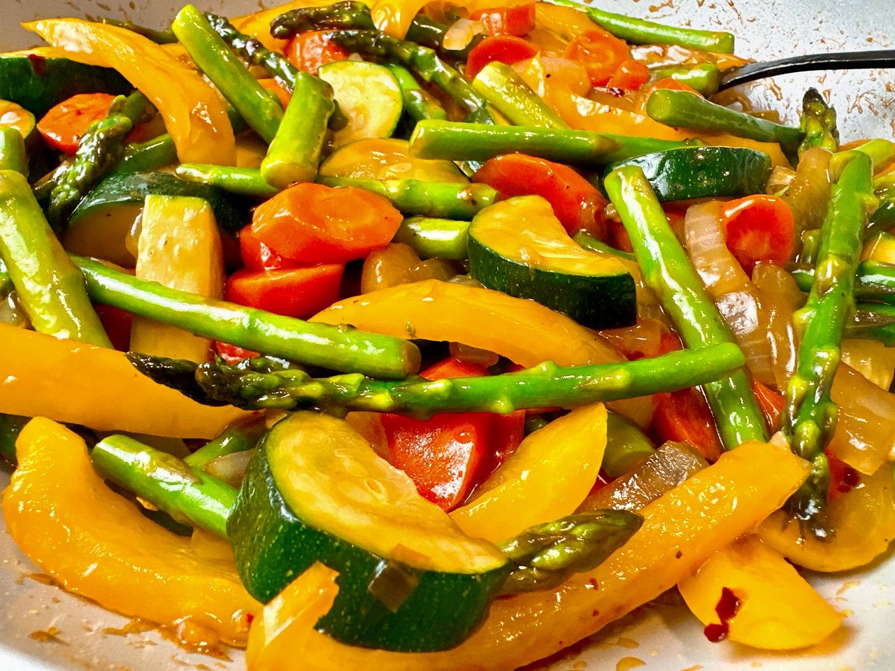 Spring Vegetable Stir Fry in a skillet