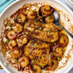 Garlic Sesame Alaskan Black Cod and Shrimp in a white skillet