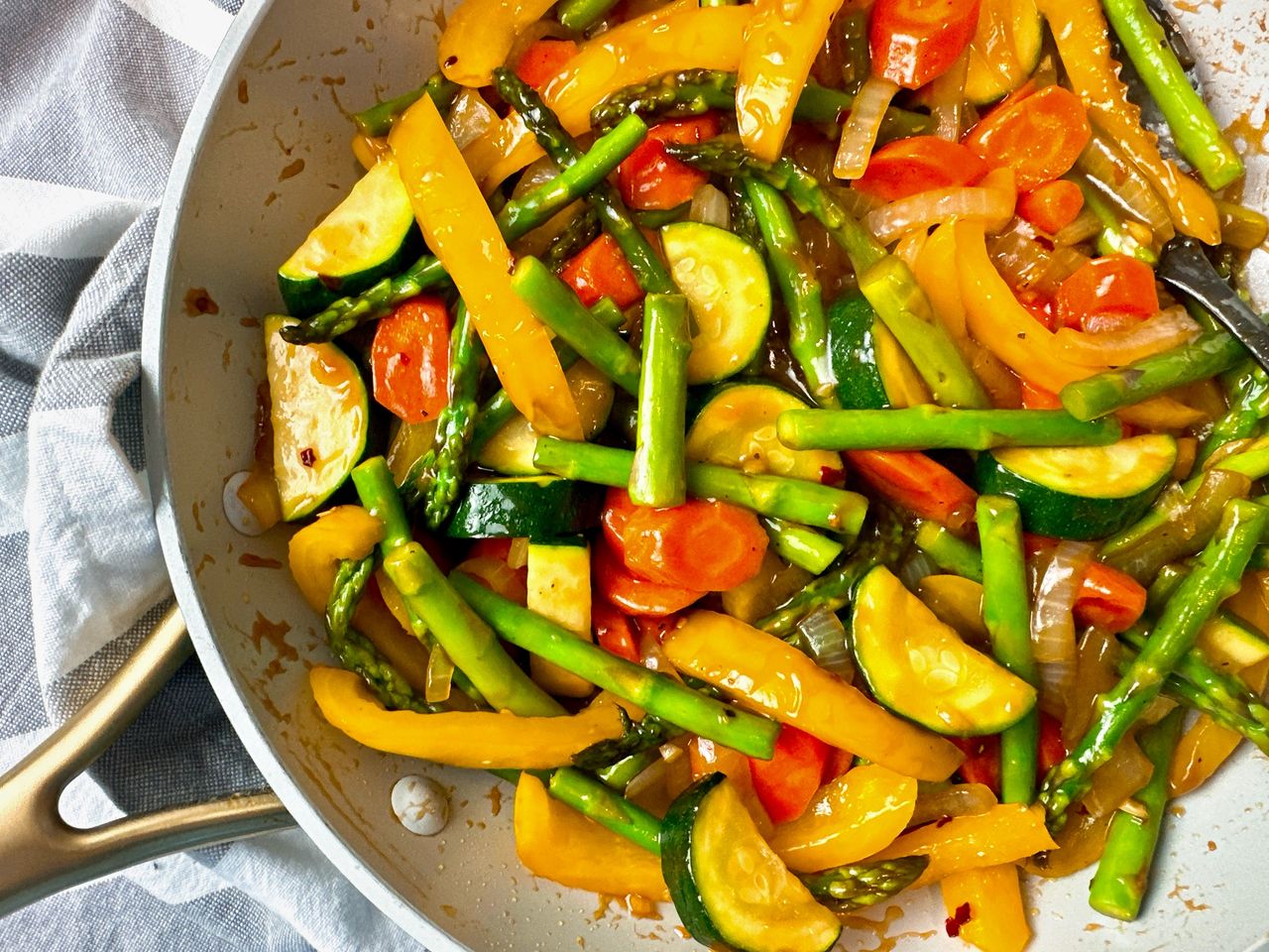Spring Vegetable Stir Fry in a skillet