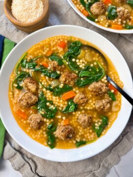 Italian Wedding Soup in a white bowl
