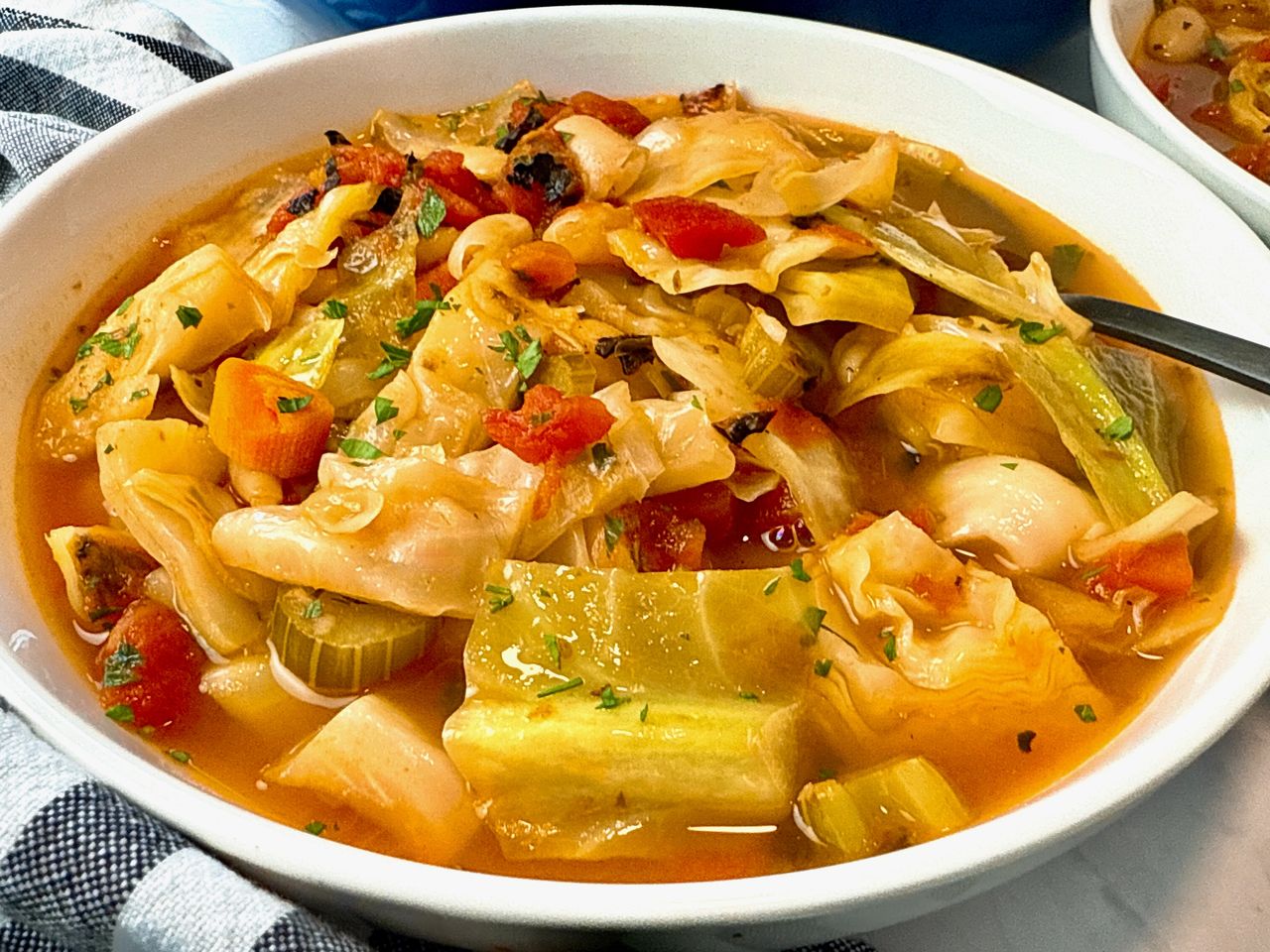 Cabbage Soup in a white bowl with a black spoon 