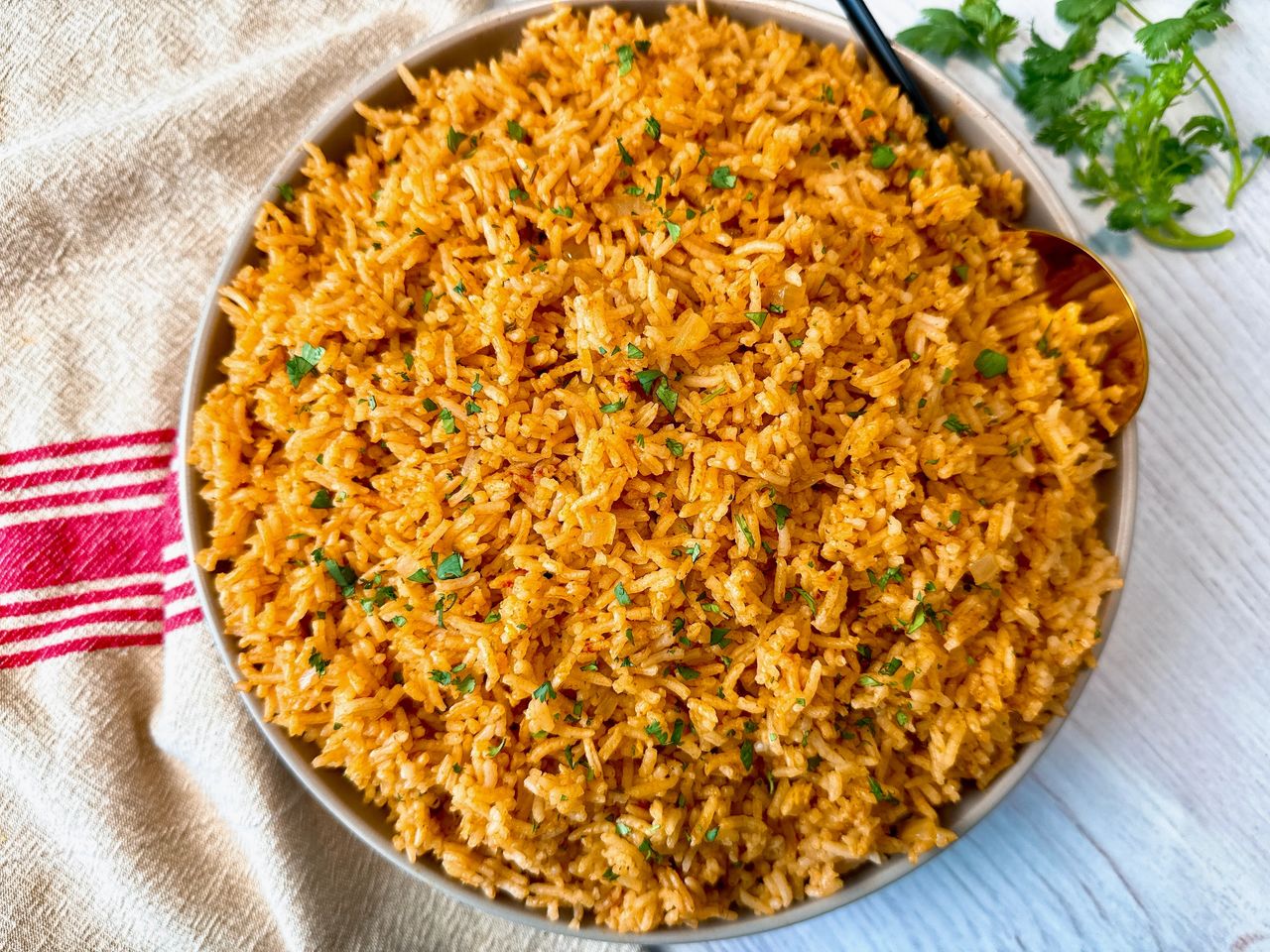spanish rice in a white bowl