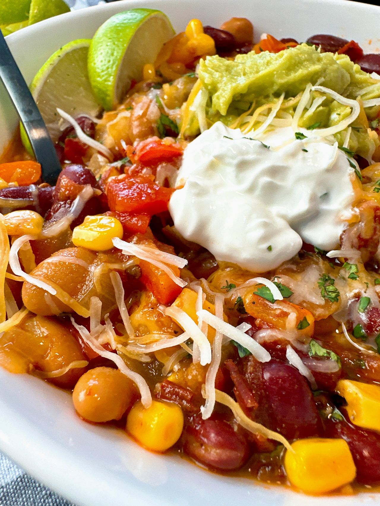 Vegetarian chili in a white bowl