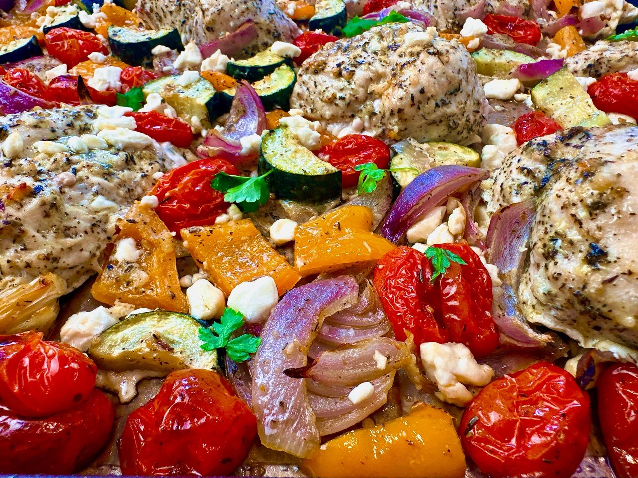 Sheet Pan Greek Chicken and Vegetables chicken and vegetables with feta cheese