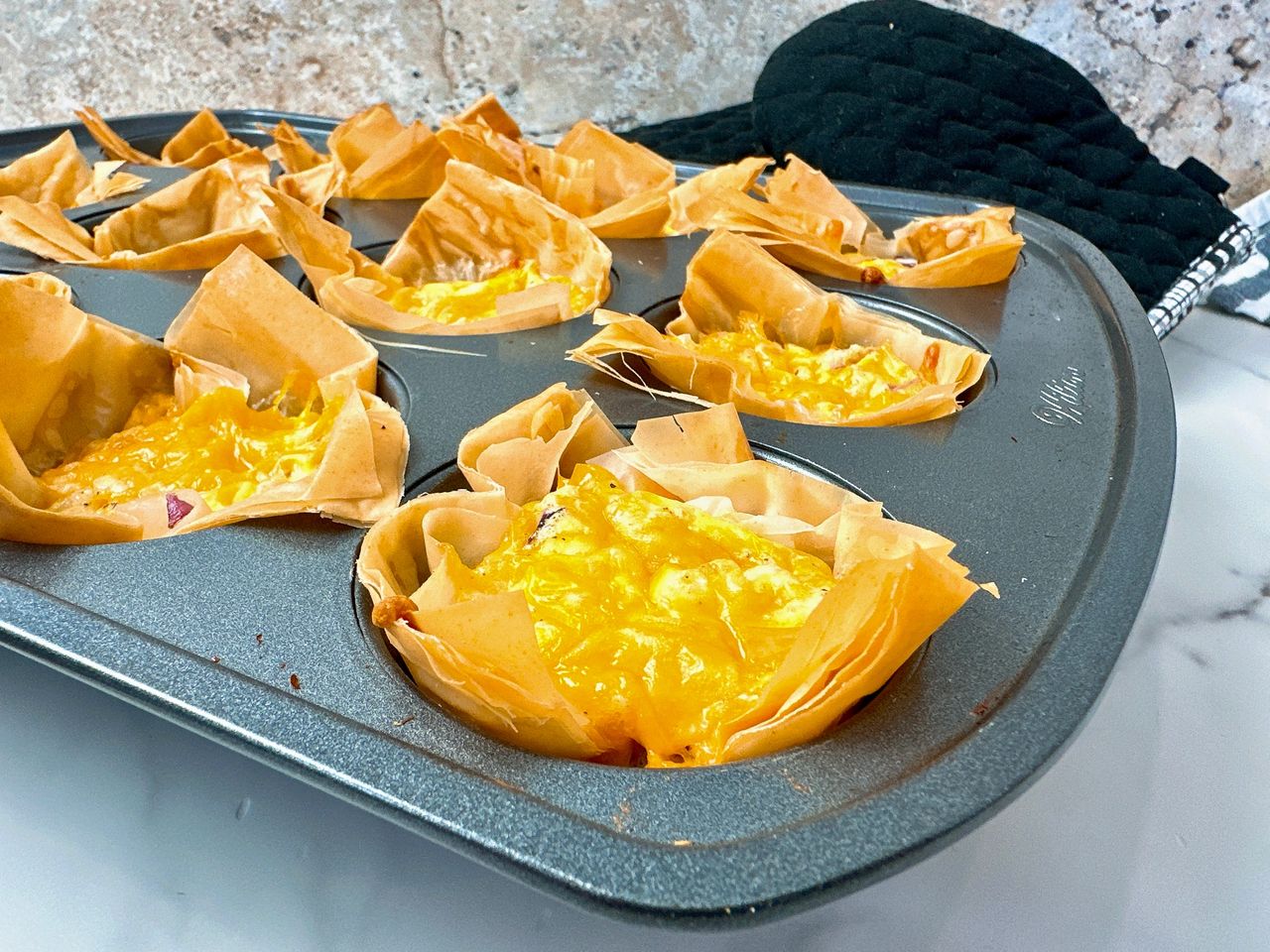 ham and cheddar filo cups