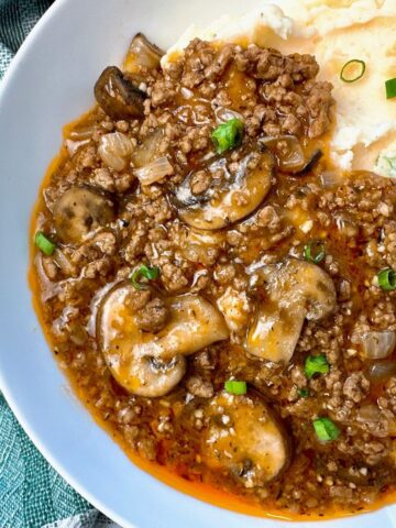 ground beef, gravy, and mashed potatoes