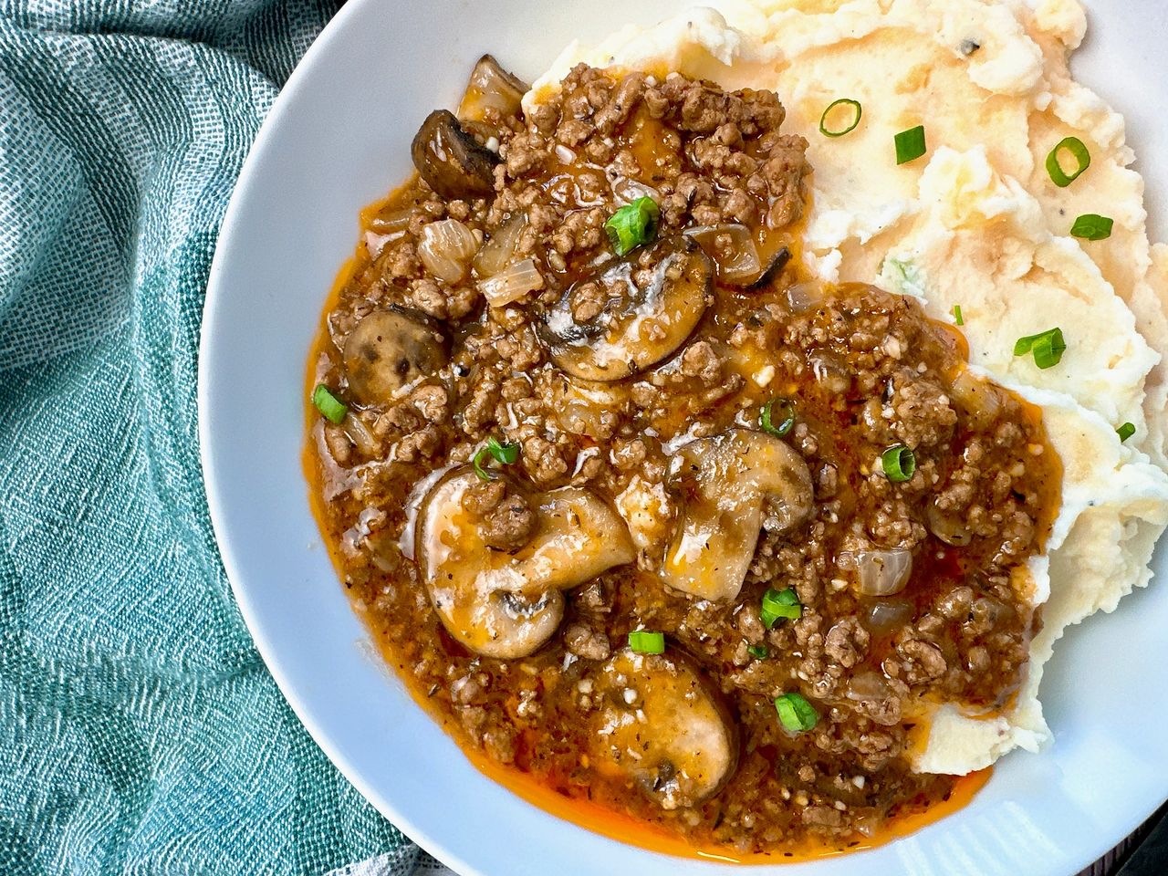 ground beef, gravy, and mashed potatoes