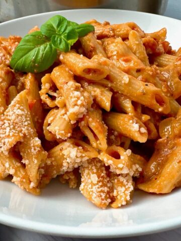 pasta in tomato cream sauce in a bowl