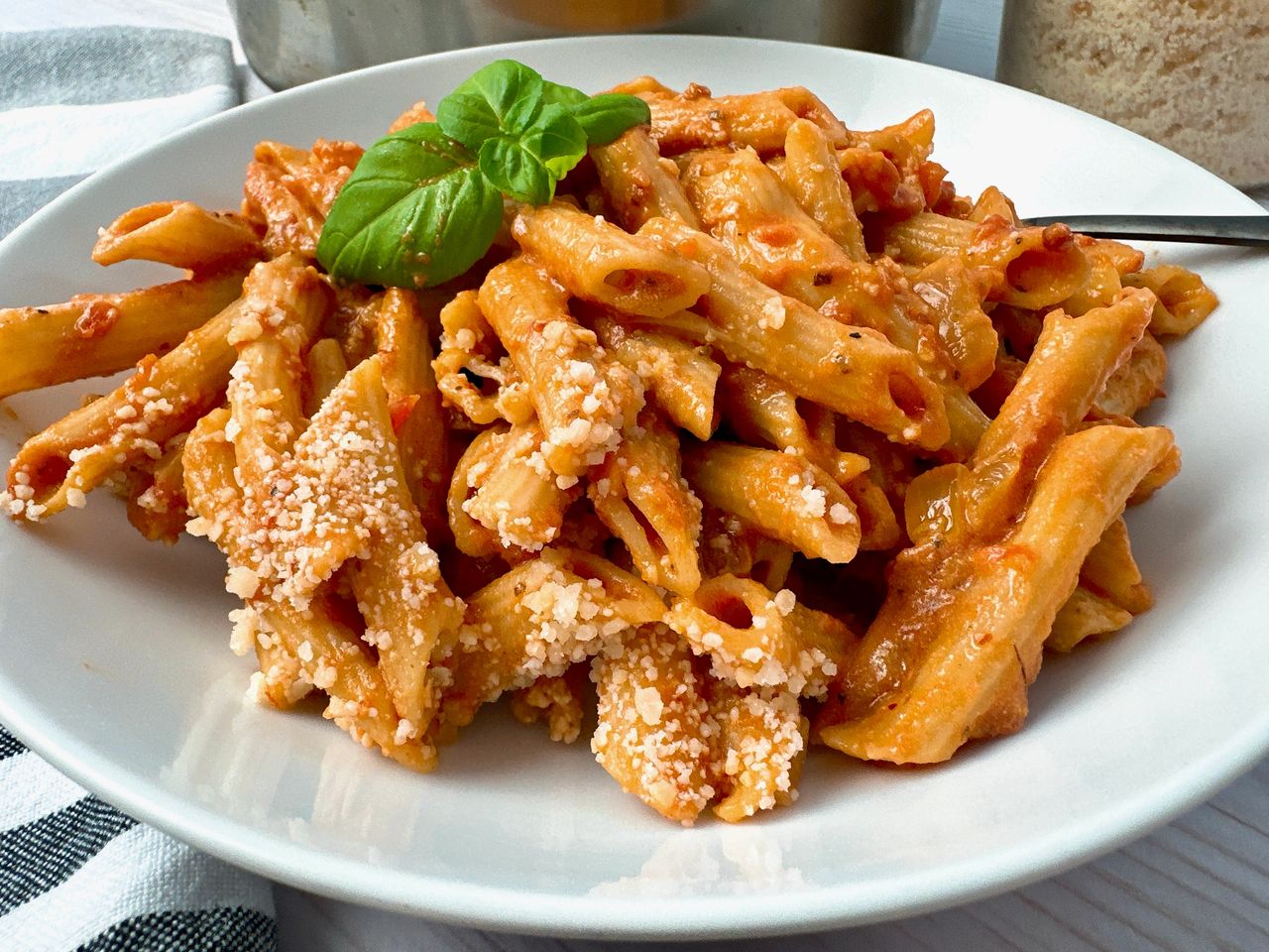 Pasta with Creamy Tomato Sauce pasta in tomato cream sauce in a bowl