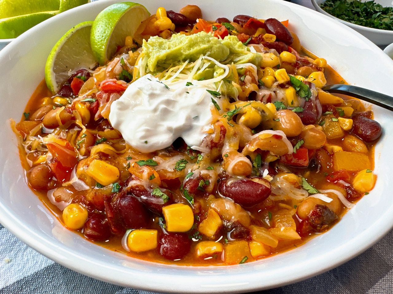 Vegetarian chili in a white bowl