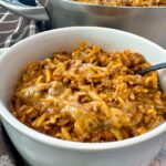 ground beef and pasta in a white bowl