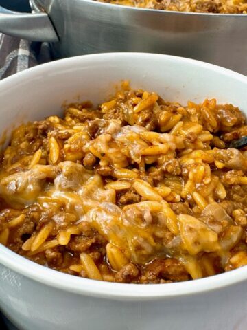ground beef and pasta in a white bowl