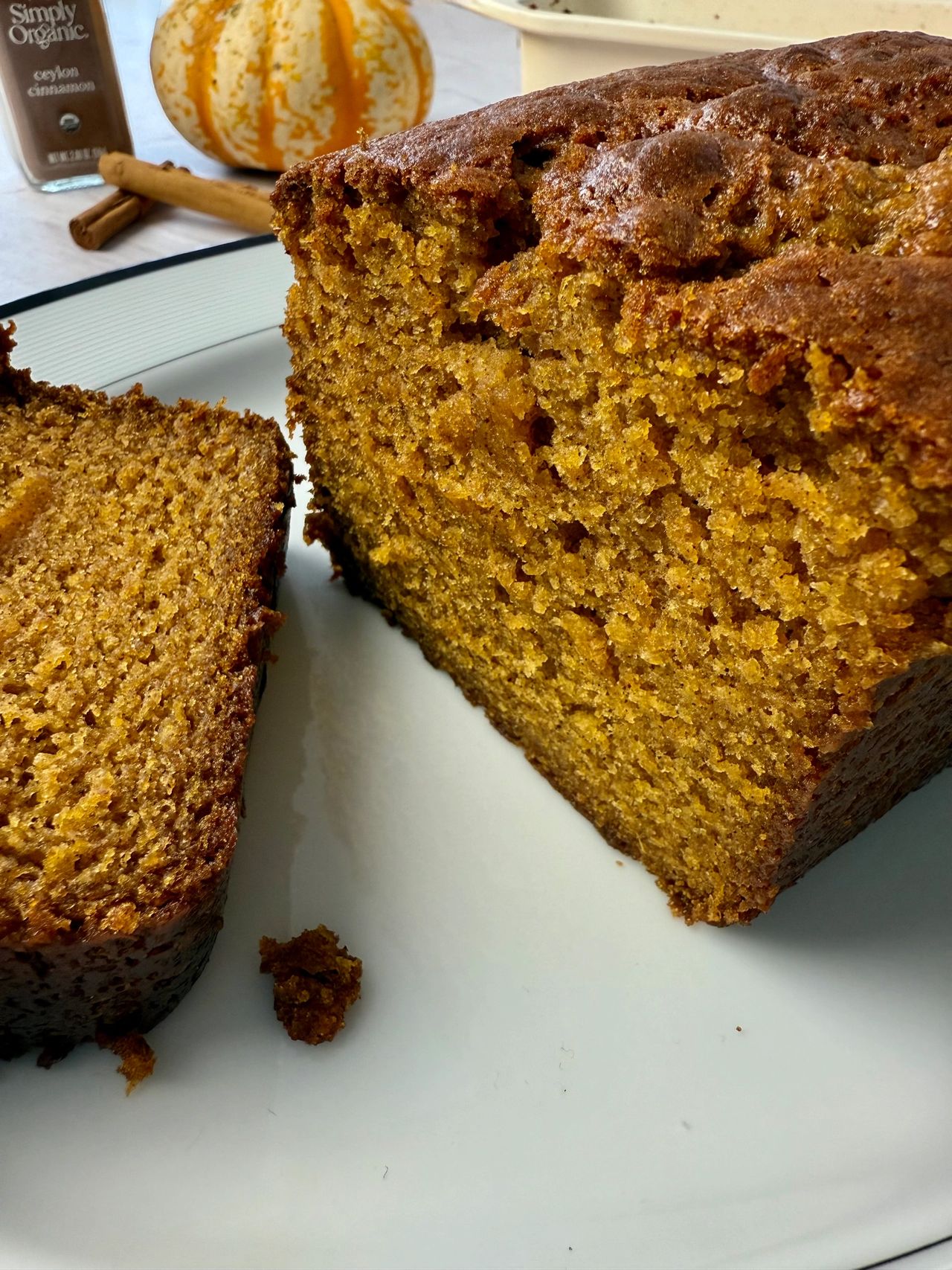 Pumpkin spice loaf on a white plate 
