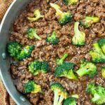 beef and broccoli in a skillet