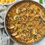 ground beef and mushrooms in a skillet