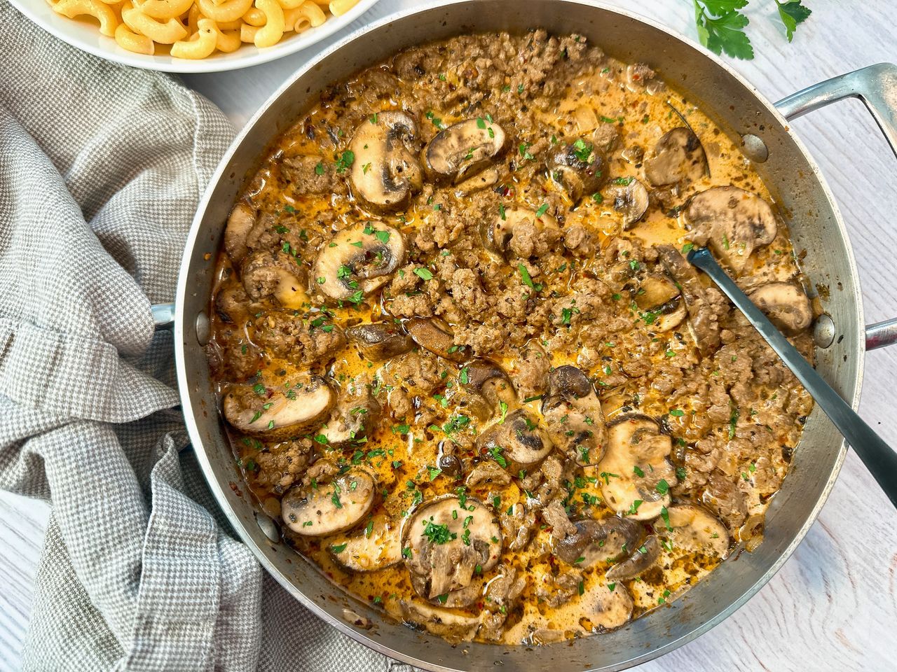 Creamy Beef and Mushrooms ground beef and mushrooms in a skillet