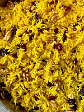 rice pilaf with cranberries in a skillet