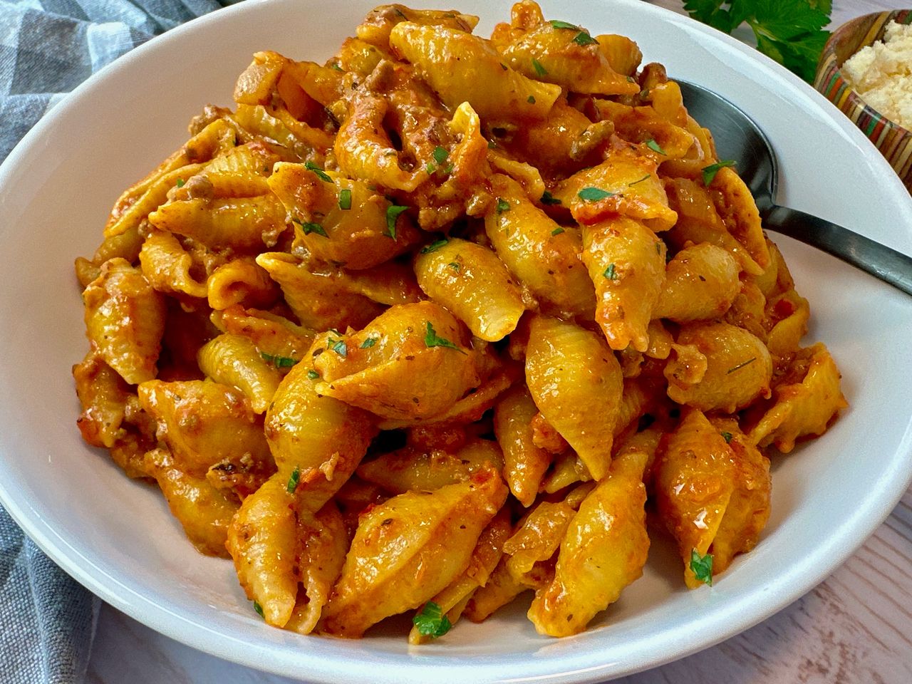 Creamy Beef and Pasta beef and pasta in a white bowl
