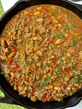 beef and beans in a skillet