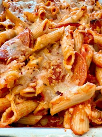 pepperoni and cheese pasta in a casserole dish