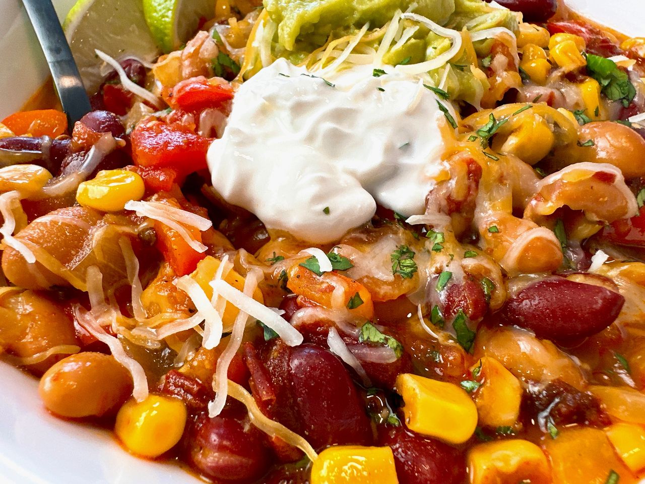 Vegetarian chili in a white bowl
