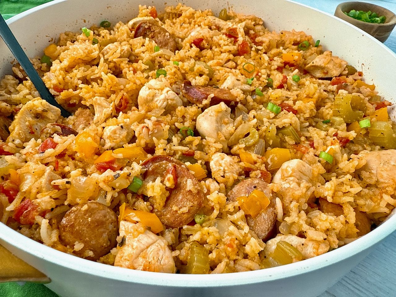 jambalaya in a white sauce pan