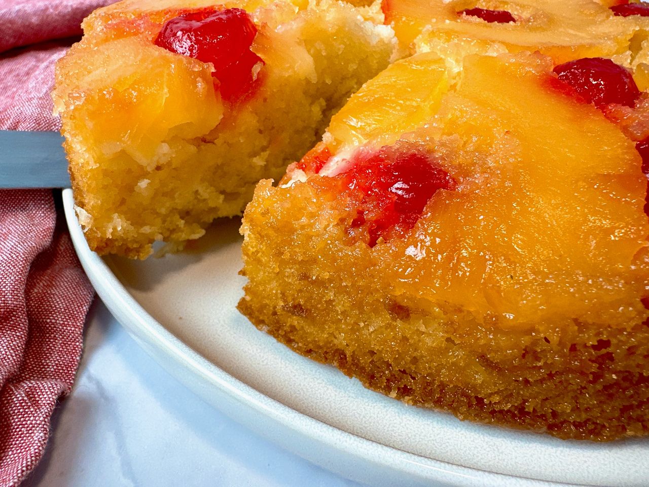 pineapple upside cake on a white plate