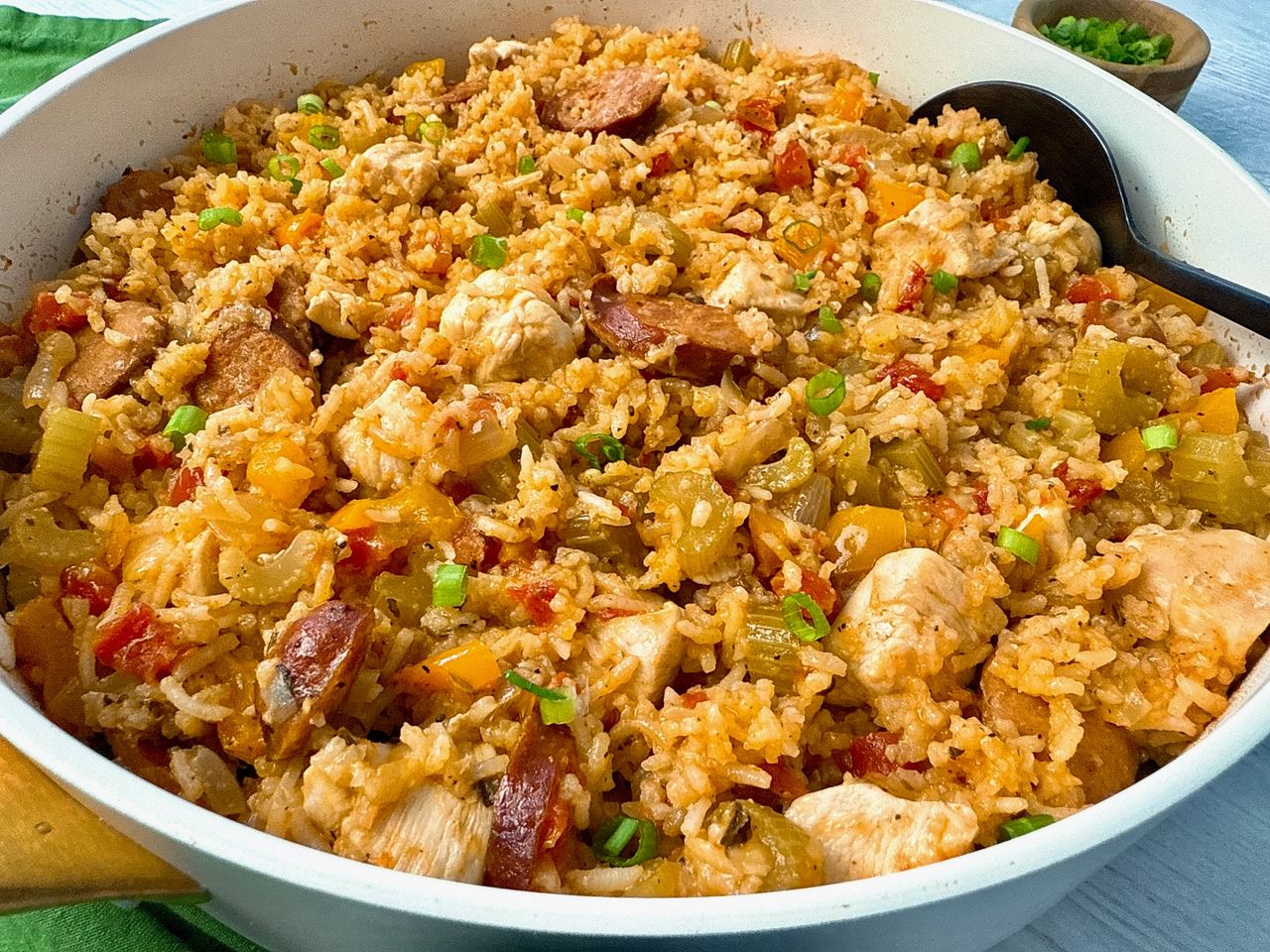 Jambalaya jambalaya in a white sauce pan