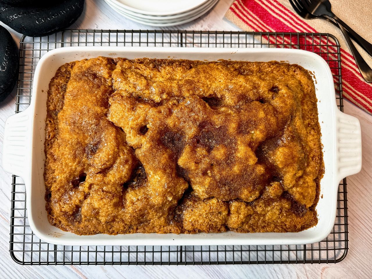 Coffee cake in a white baking dish