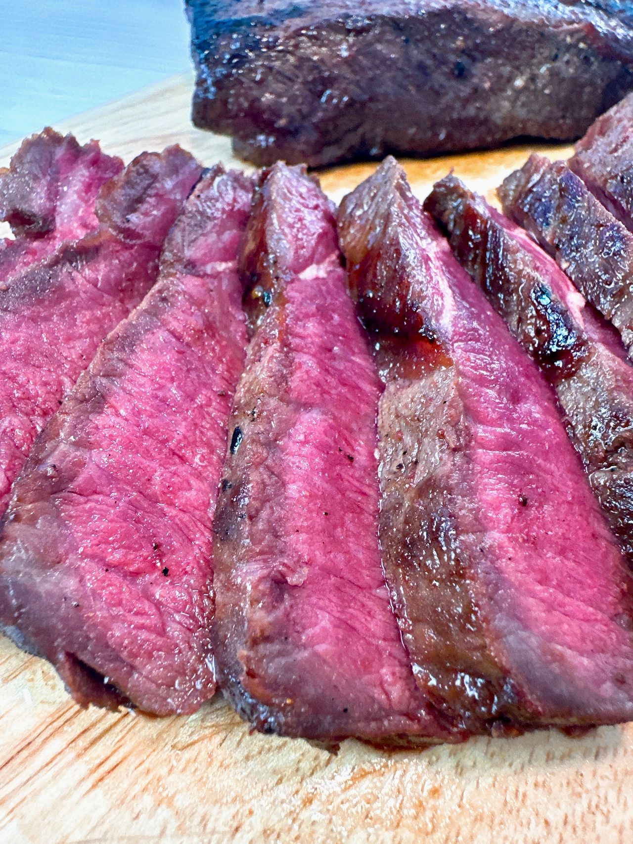 sliced steak on a cutting board