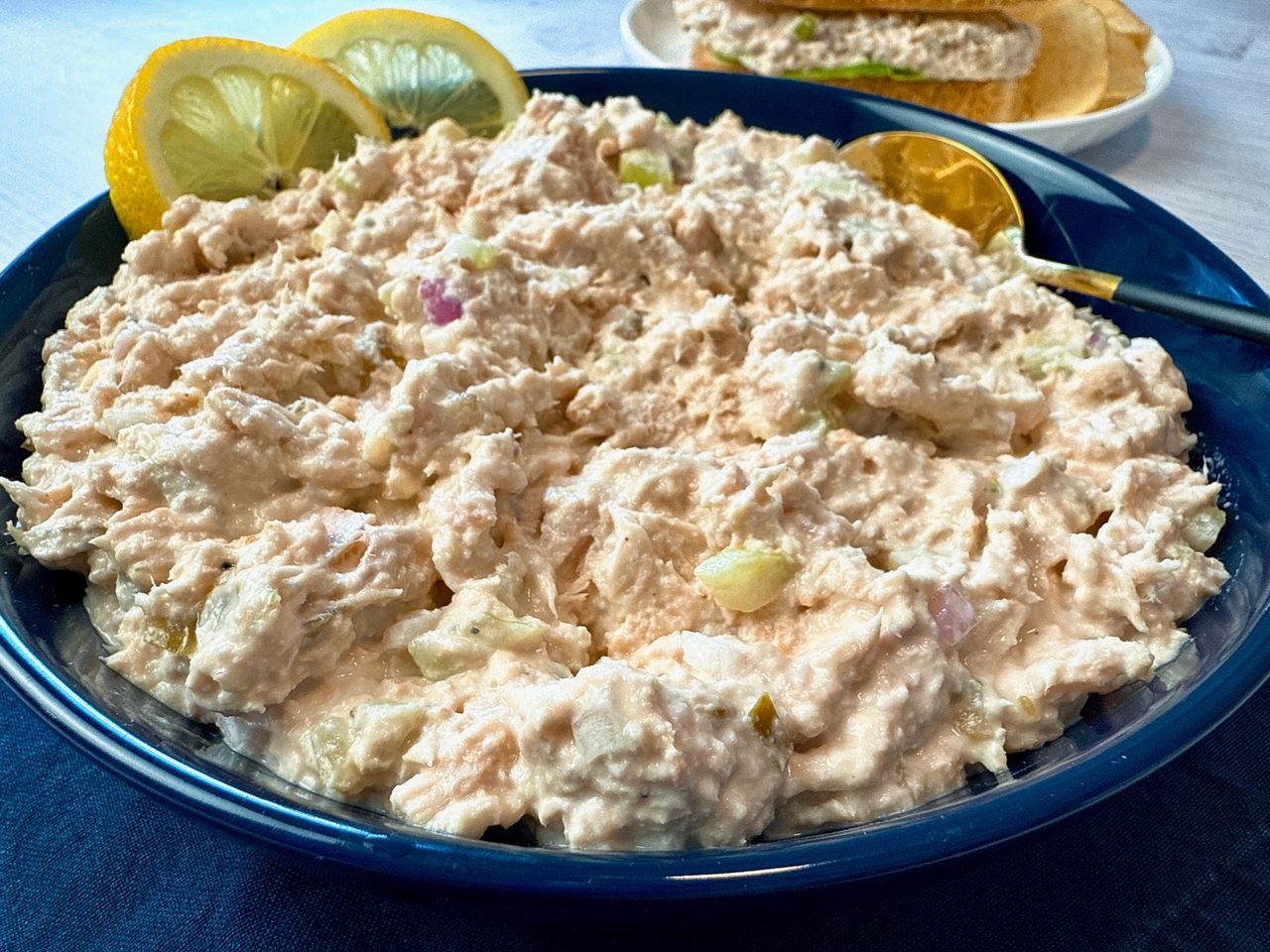 tuna salad in a blue bowl