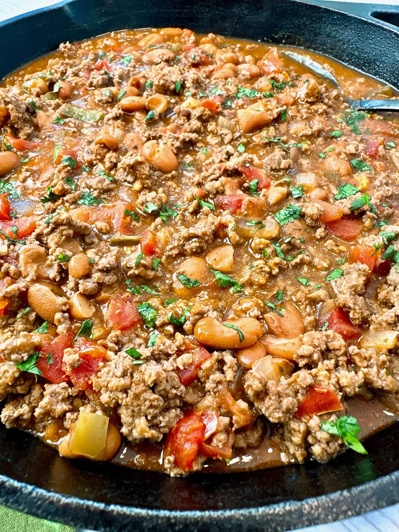 beef and beans in a skillet