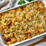 stuffing in a white baking dish