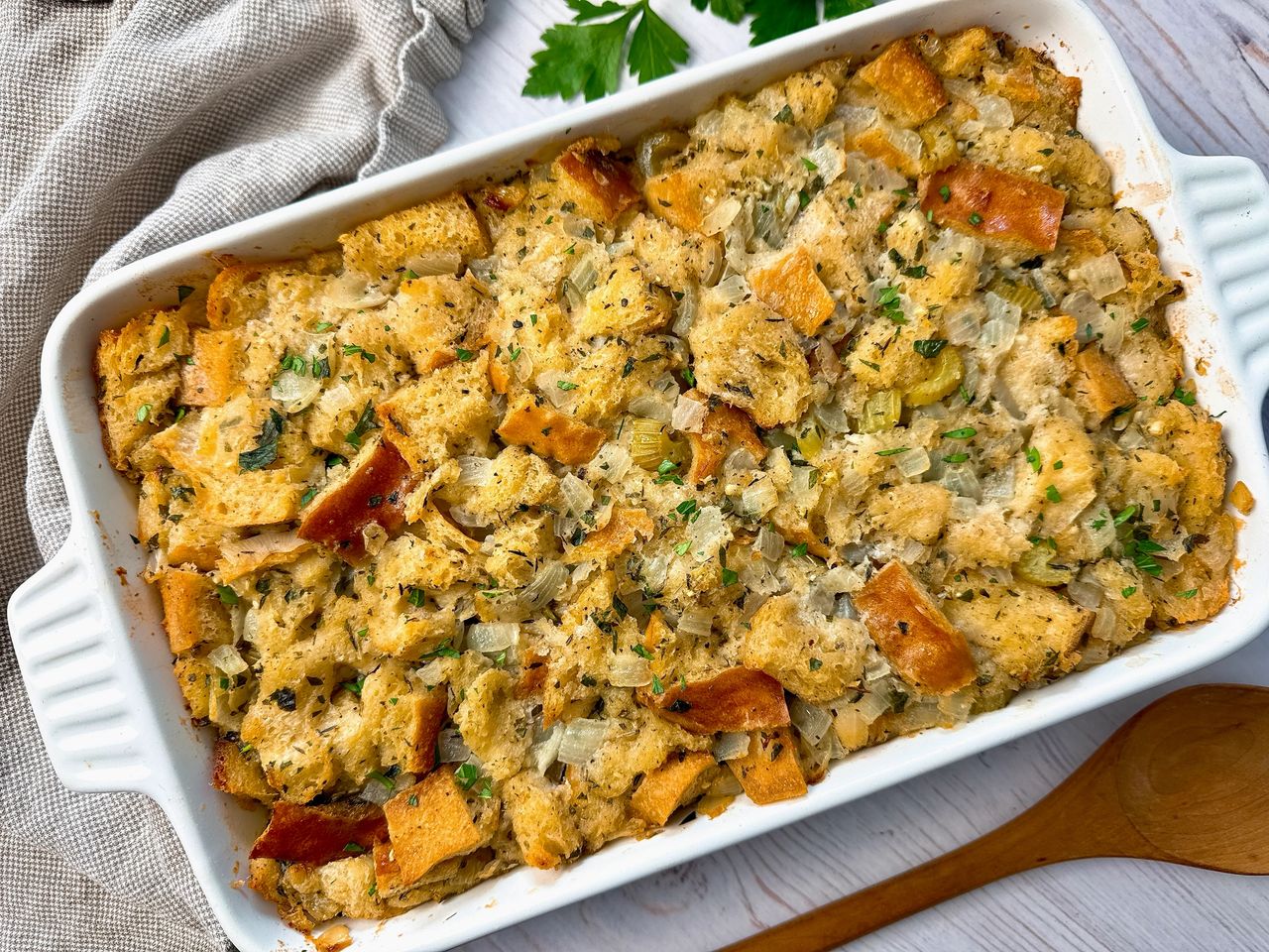Herb Butter Stuffing Herb Butter Stuffing in a white baking dish