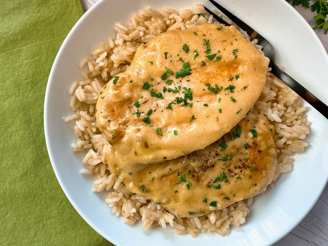 Garlic parmesan chicken over rice