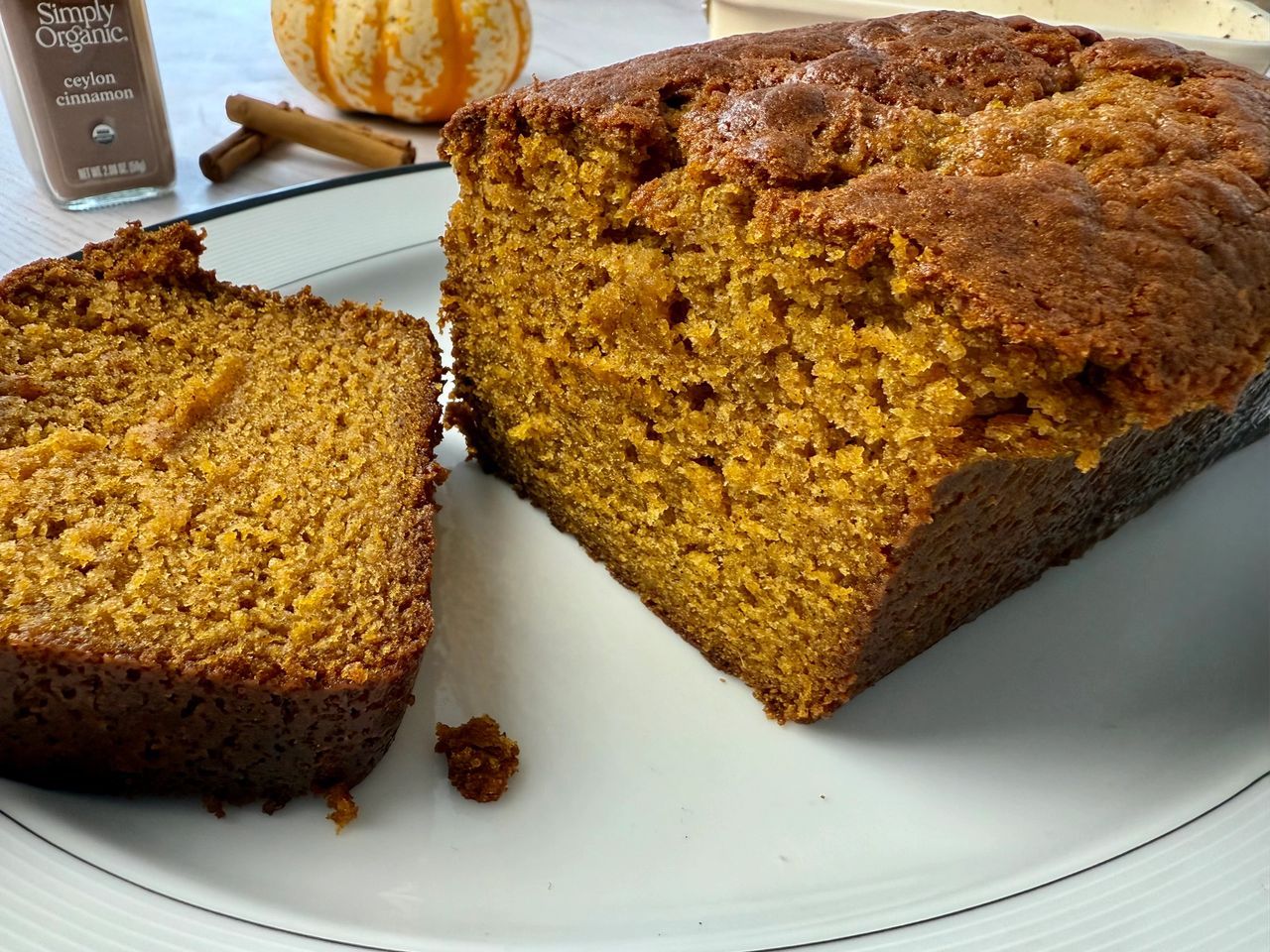 Pumpkin spice loaf on a white plate 