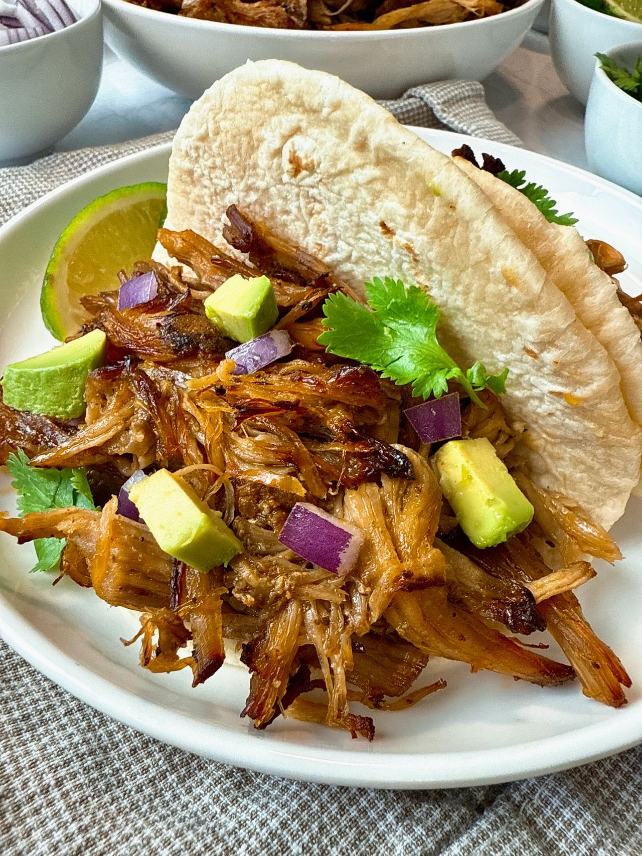 pork carnitas with avocado on a white plate