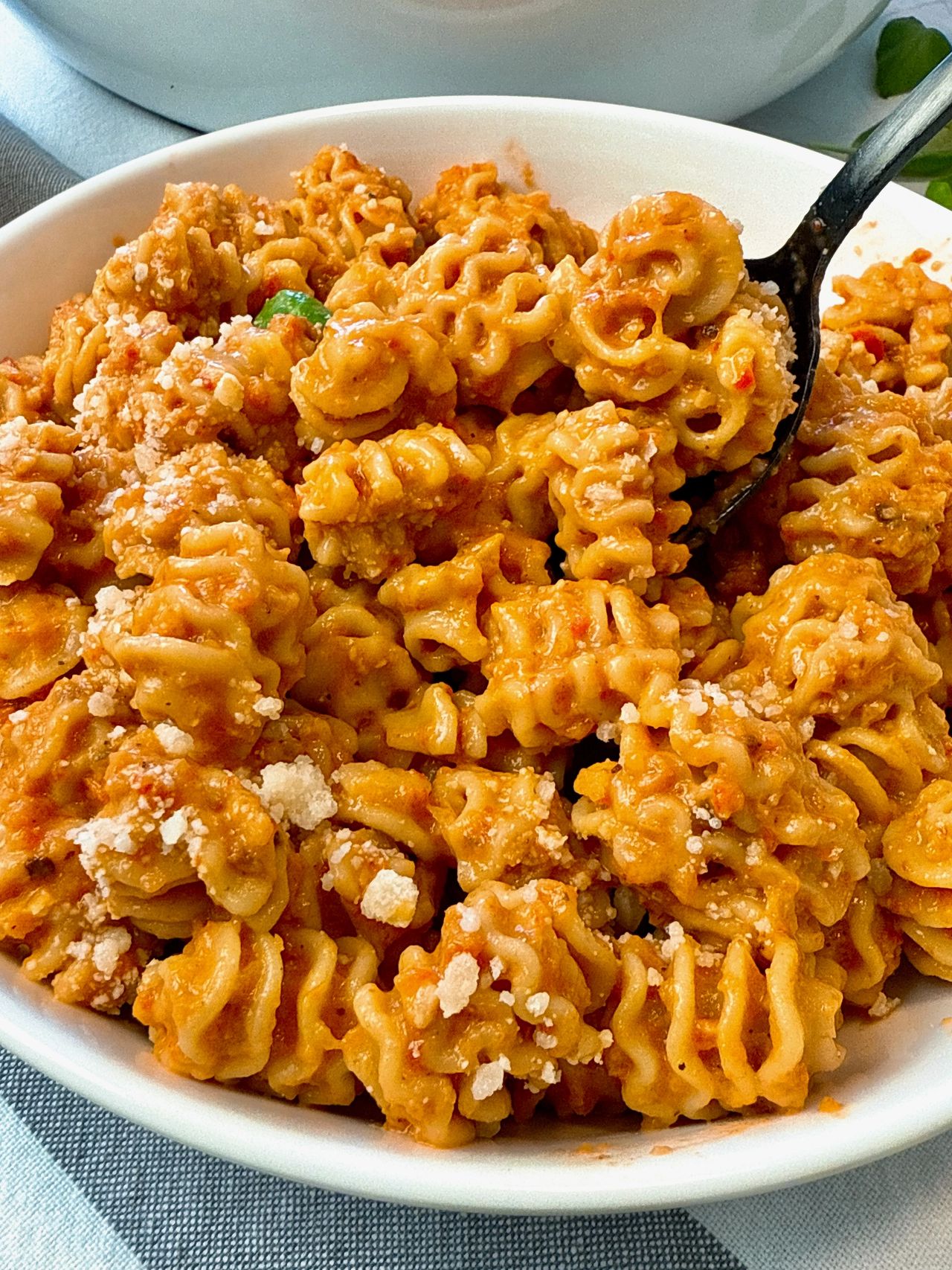 radiatori pasta with roasted red pepper sauce in a white bowl