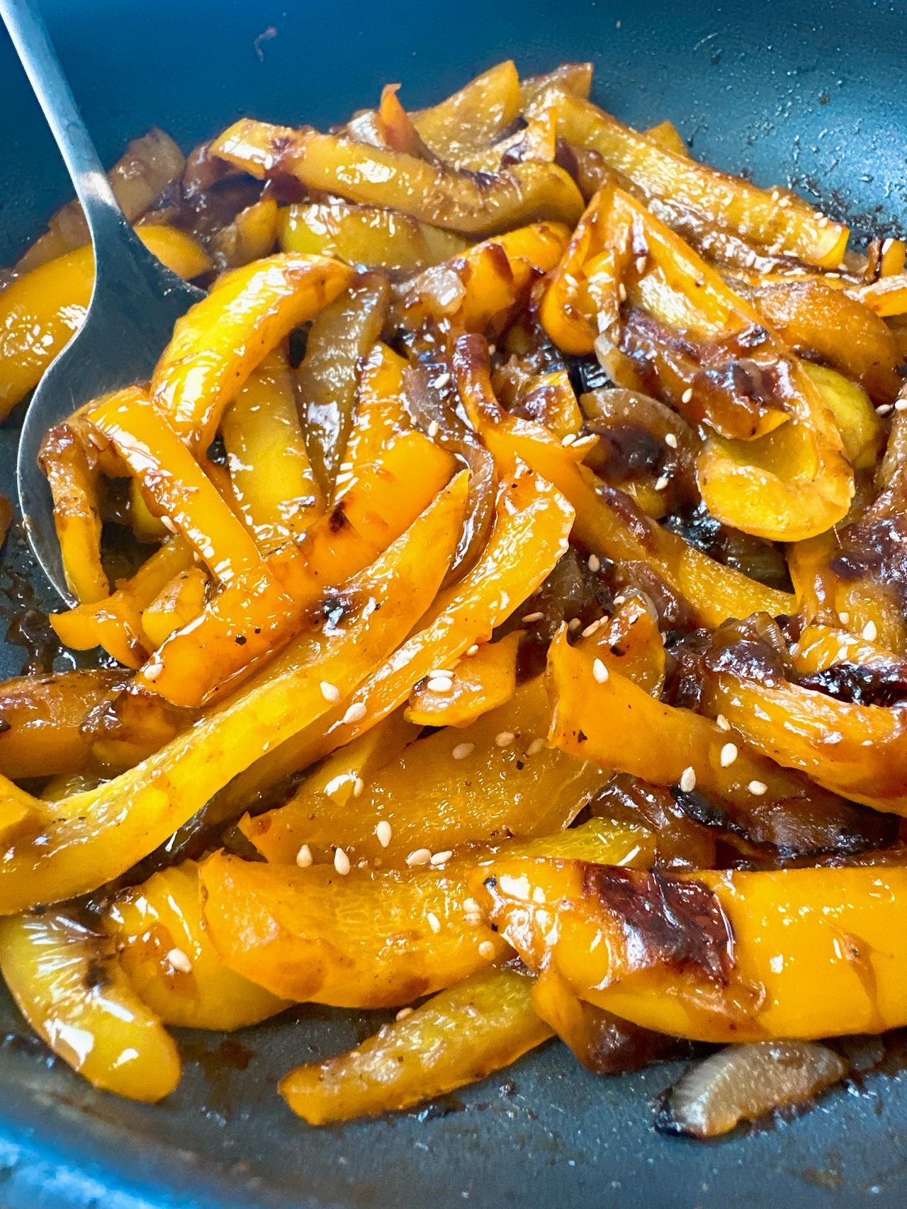 teriyaki bell peppers in a skillet