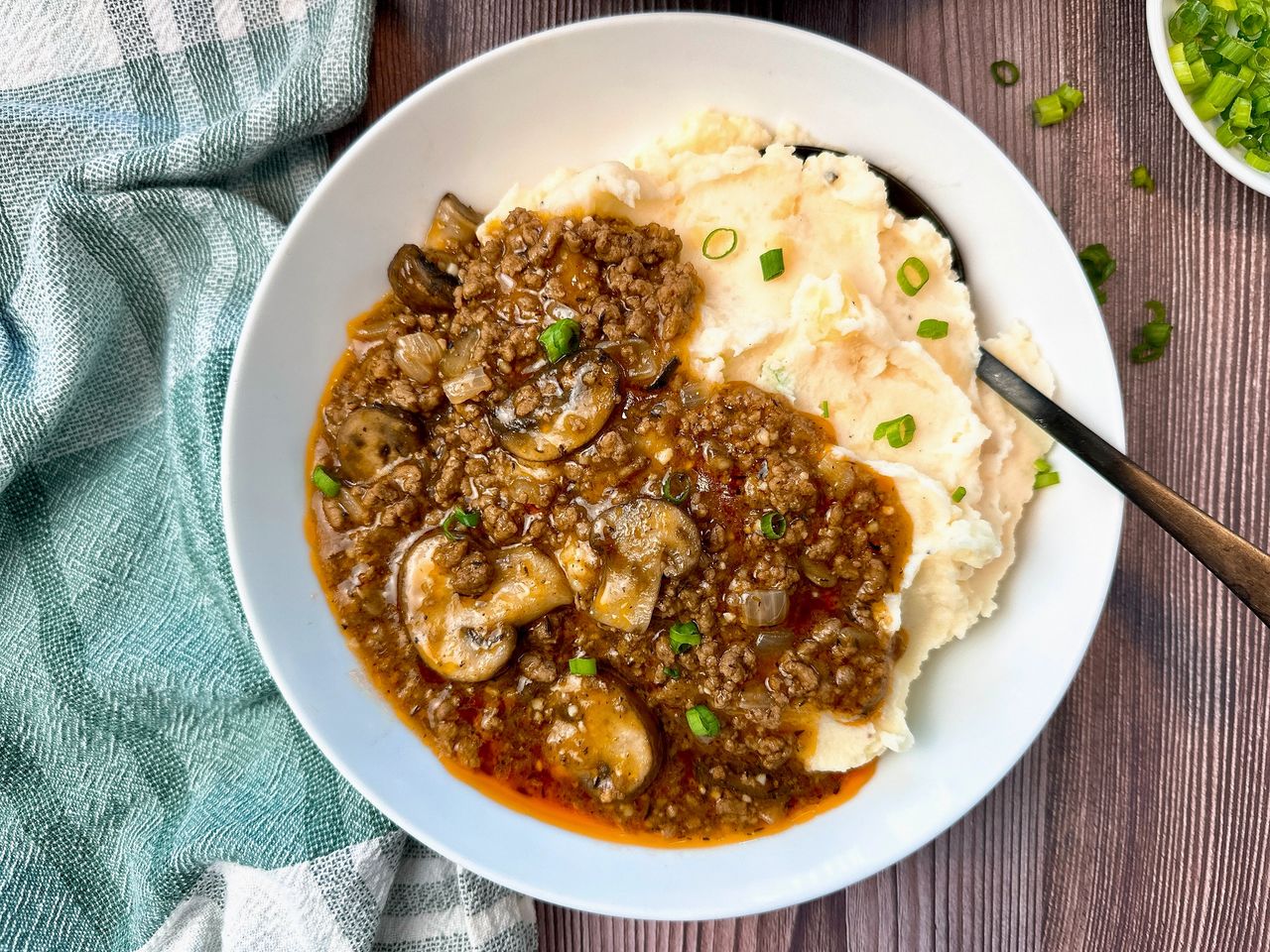 ground beef, gravy, and mashed potatoes
