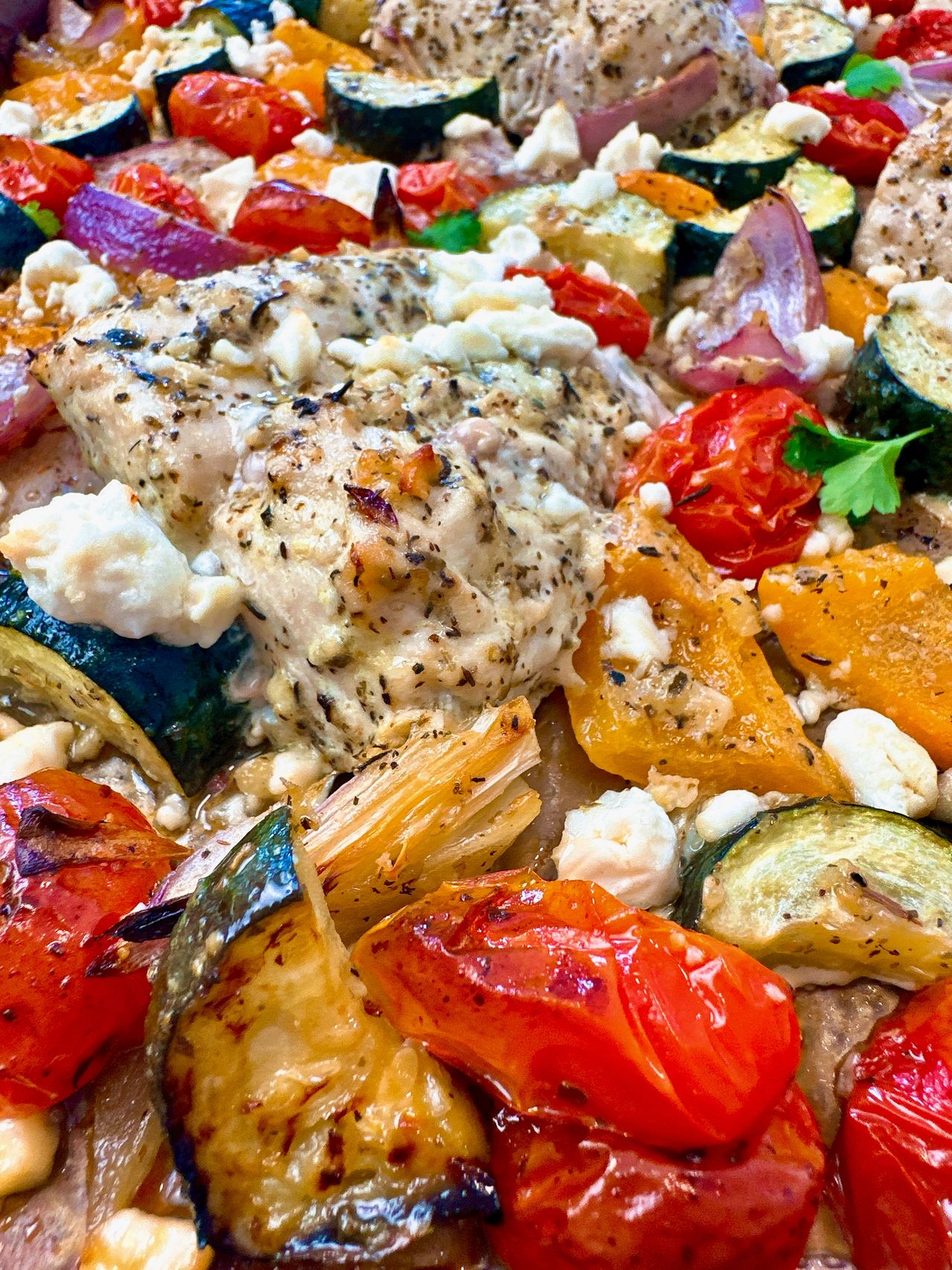 chicken and vegetables with feta cheese