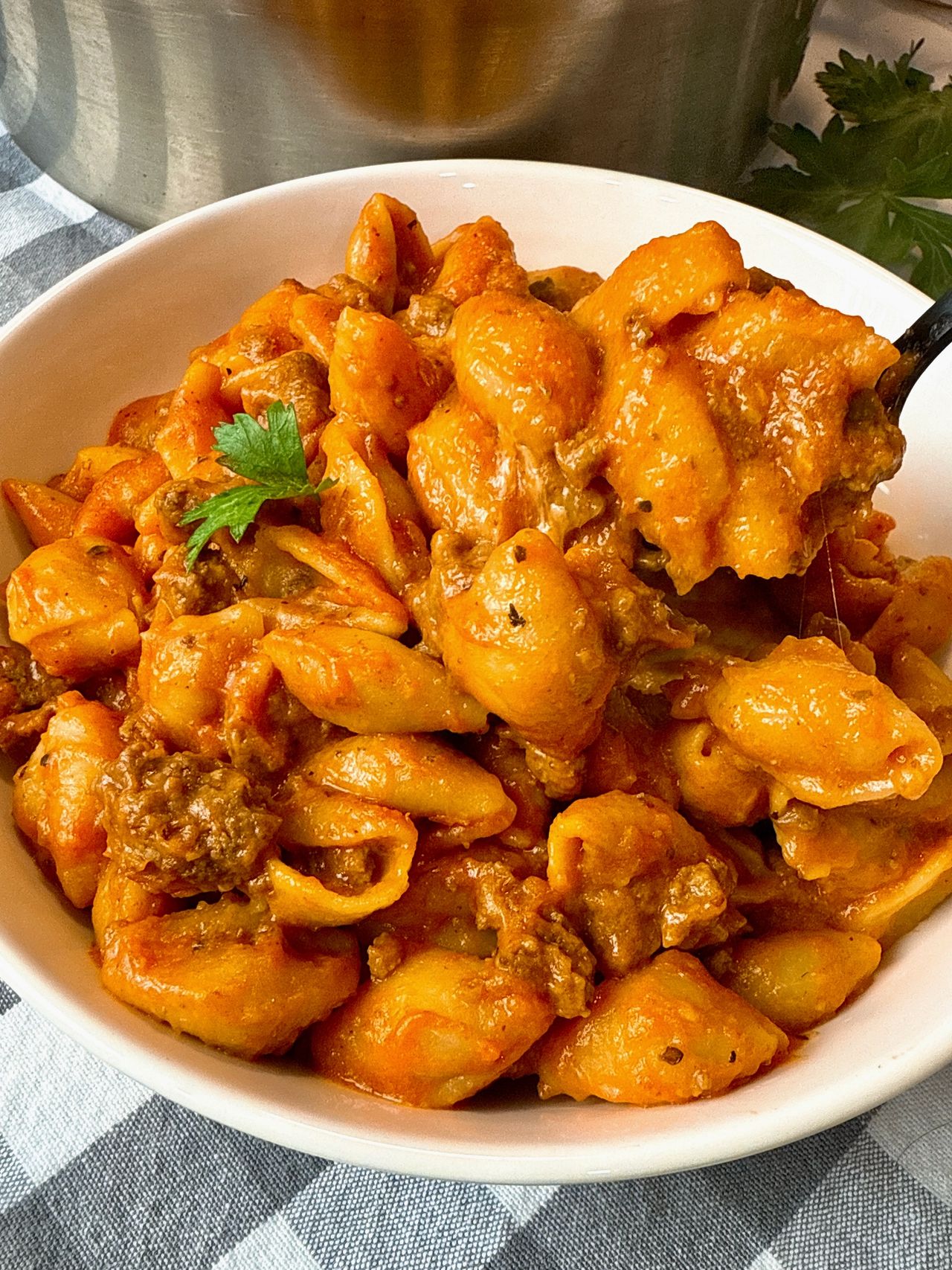bowl of pasta and beef with a spoon