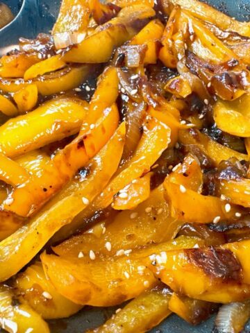 teriyaki bell peppers in a skillet