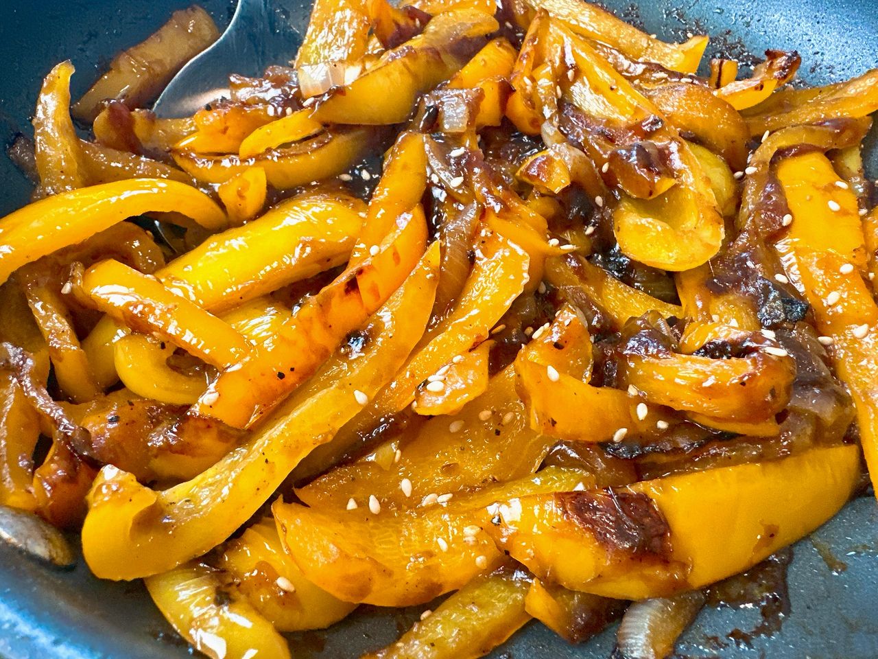 teriyaki bell peppers in a skillet