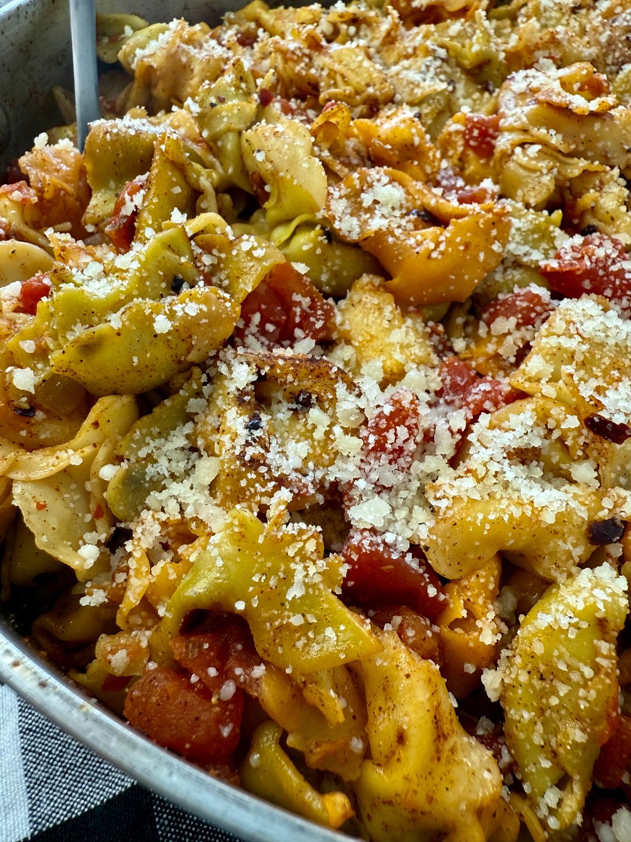 spicy tortellini in a skillet