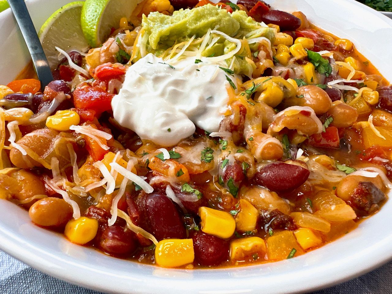 Vegetarian chili in a white bowl